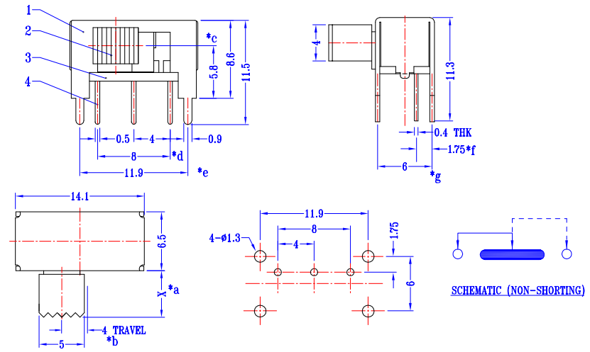 Slide Switch，DPDT Through Pole 2P2T Sliding Switch,Horizontal side dial push switch, interruptor on-off toggle Switch