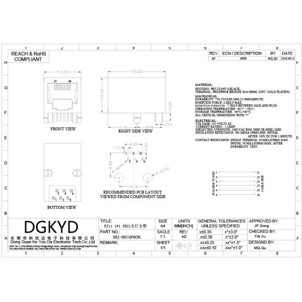 Single Port 6 Pins 6 Contacts Rj12 Modular Jack Phone Connector