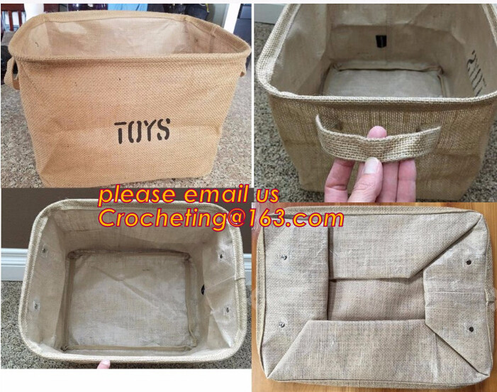 JUTE STORAGE BASKET WITH COTTON ROPE HANDLES,Burlap fabric jute toy storage basket for home storage organization bagease