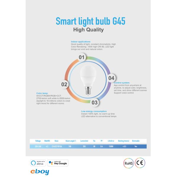 4.5W 350LM Starting Time 0.5s Ra80 G45 E27 Led Bulb
