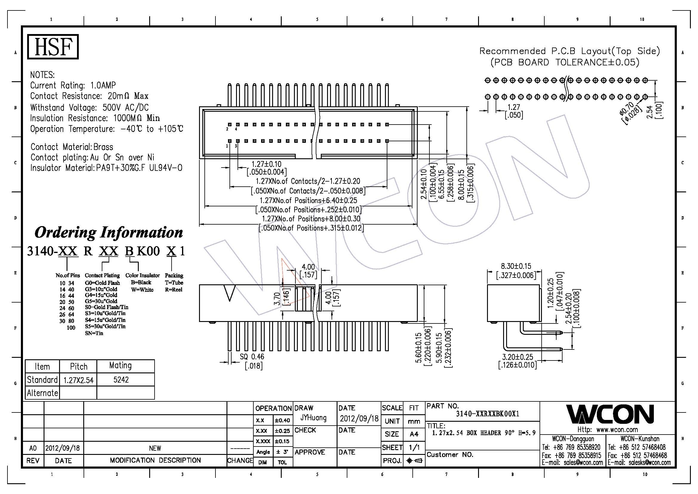 Data Communication 10 ~ 100P Pcb Header Connector 1.27mm Pitch