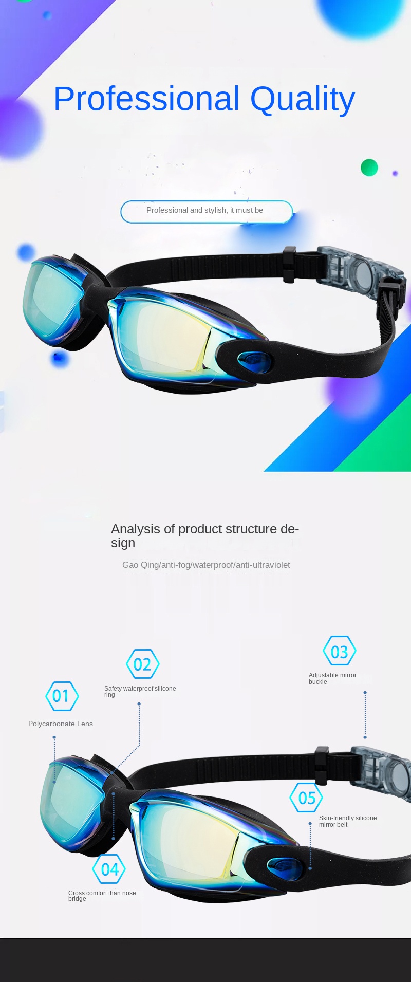 UV Resistance Adult Swimming Glasses Customized Anti Mist Swimming Goggles