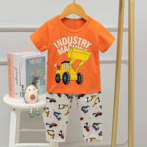 China Korean Kids Sleeping Suits Cartoon Excavator Shirt And Shorts Pajama Set wholesale