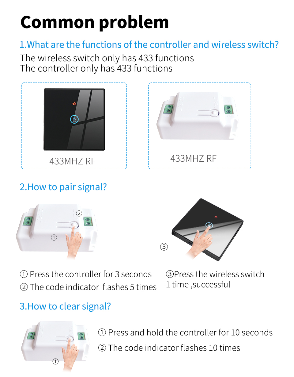 RF433 Wireless Remote Control Switch Crystal Glass Panel Touch Switch with 10A breaker refit old version circuit