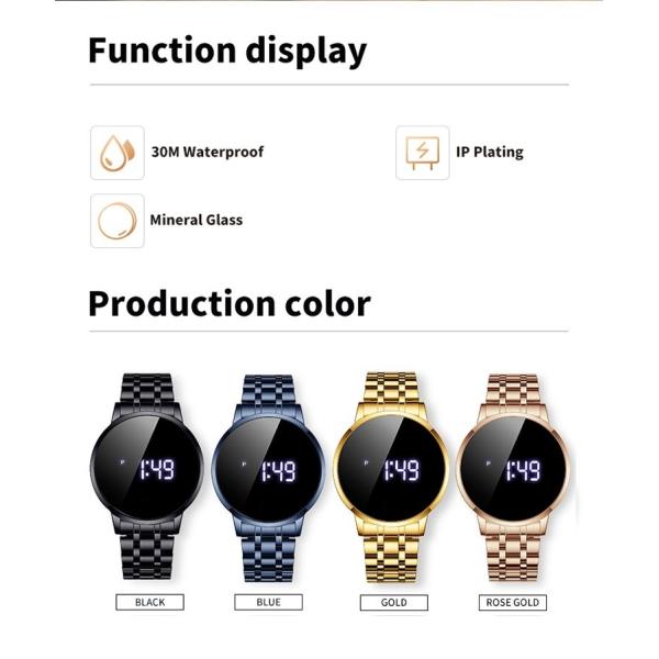 44mm Waterproof Digital Watch Round Shape LED Screen Water Resistant 3ATM Chrono