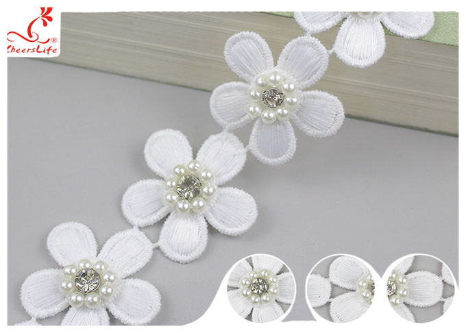 3D Floral Embroidered Trim With Bead Diamond For Dress Decoration 3.5 CM Width