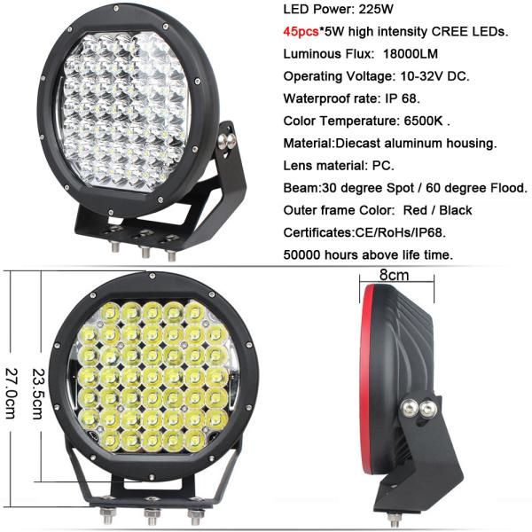 9" Inch 225W Offroad LED Driving Work Light For 12V 24V Trucks Trailers Atv 4WD 4x4 Off Road Freight Car External Lights