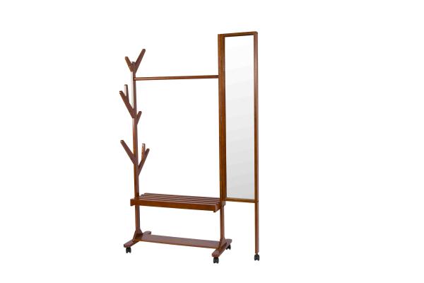 Quality Movable Soild Wood Coat Coat Hanger Stand With Turning Mirror / Shelves for sale