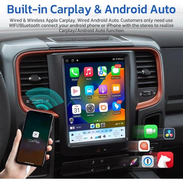 VIKNAV Wireless Car 1500 for Dodge Ram Radio Upgrade 2014 2015 2016 2017 10.4 Inch
