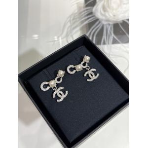 China Silver Pearl Crystal Double C Pendant Earrings 18K Gold Plated wholesale