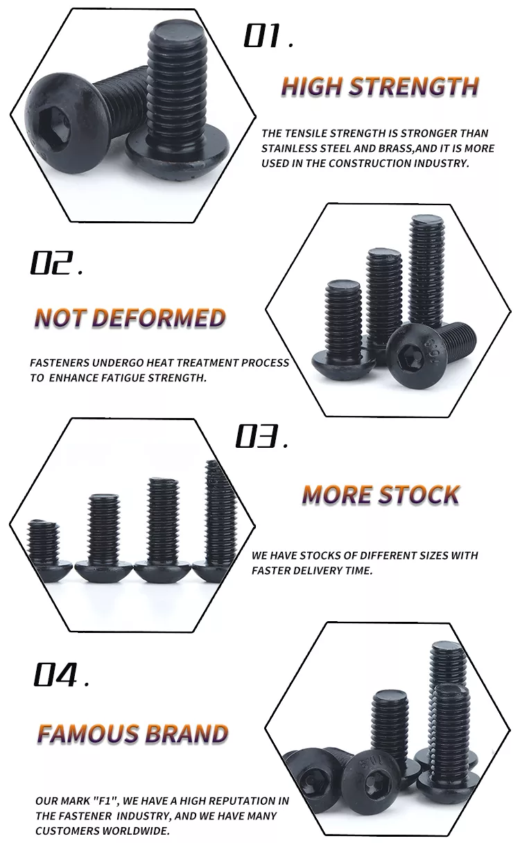 ISO Standard Pan Head 1/4-20*1/2 inch Grade 12.9 Black Hexagon Socket Screw with Full Thread and Hexagon Drive