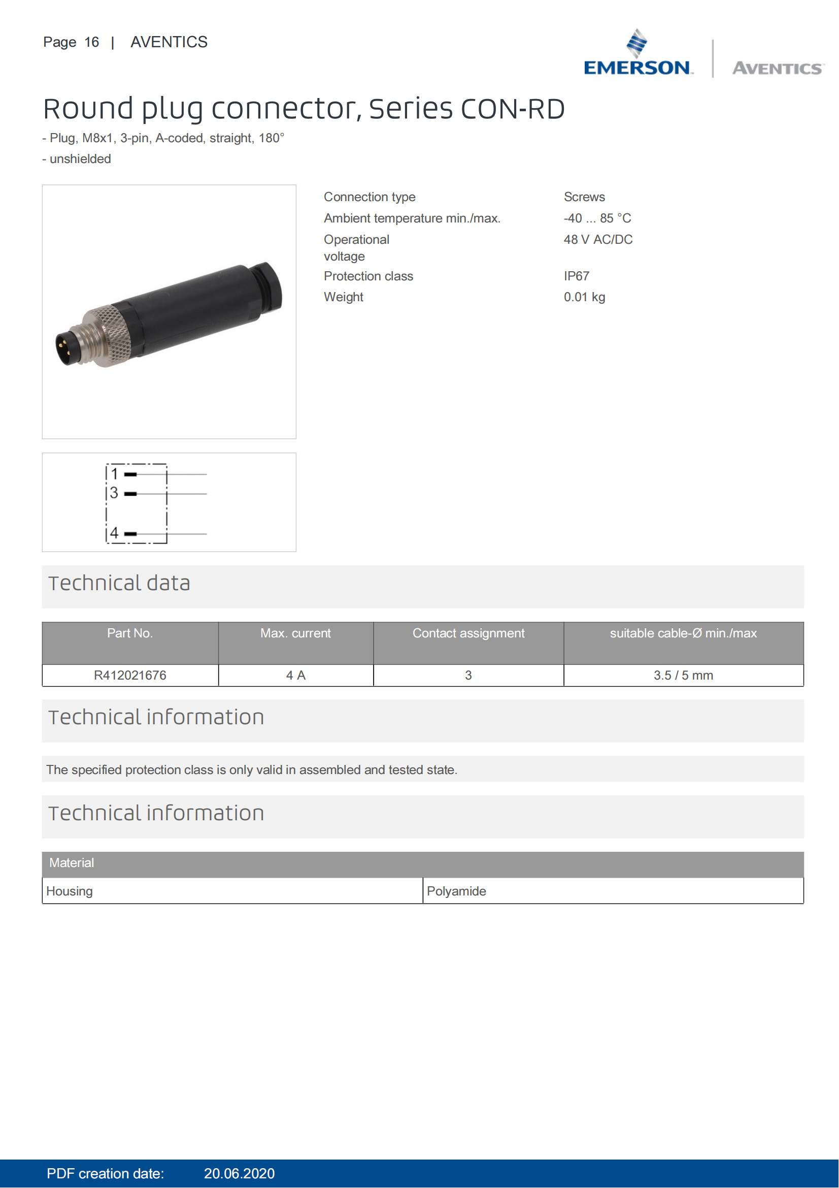 AVENTICS CON-RD Series Round Plug Connectors IP67 Protection Class Unshielded