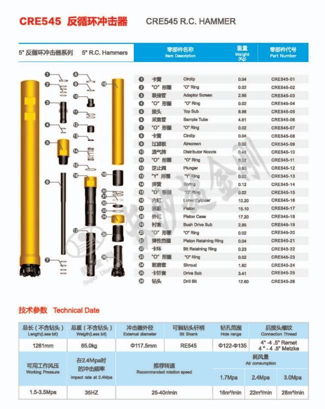Atlas Copco / Robit Super Diamond (Earth Boring Tools Rock drilling) Hammer Assembly (RE545) Reverse Circulation Hammer