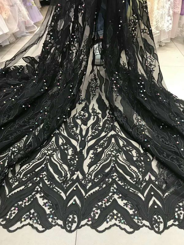 Beaded Embroidered Lace Fabric , 3D Flower Lace Mesh Fabrics For Evening Gowns