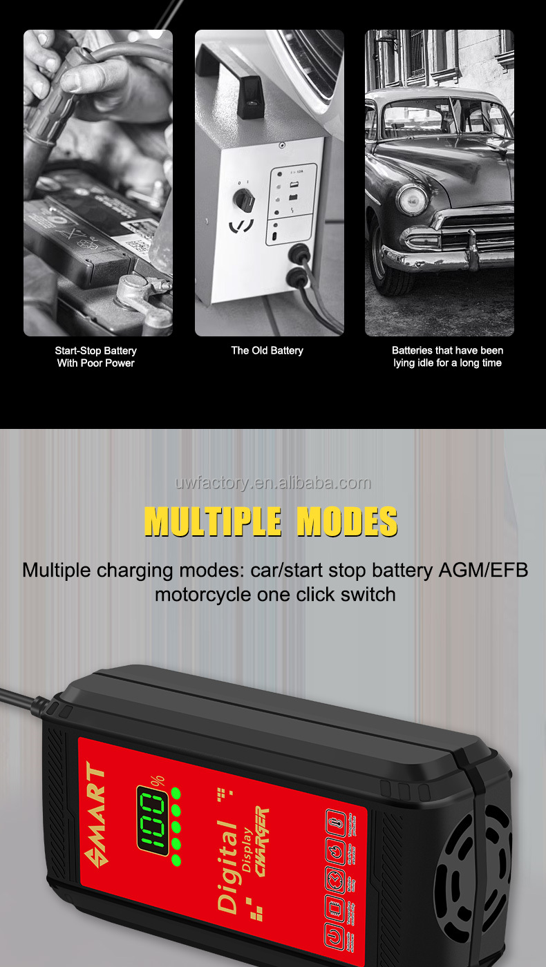 Lead Acid Battery Charger 90% Charging Efficiency 12V/1.25A Output Newest Pulse Repair with Automatic Function