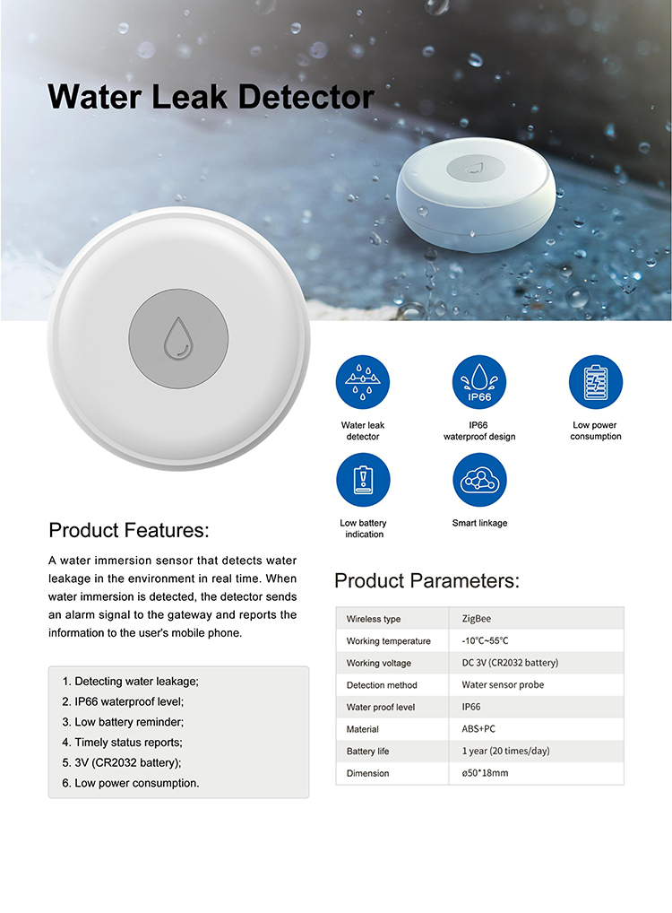 IP66 Zigbee Water Leak Sensor Wireless Water Tank Overflow Alarm