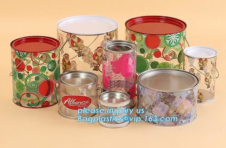 clear PVC PET can for food canning,Customized round clear paint can with tin lid,paint can with tin top & bottom and han