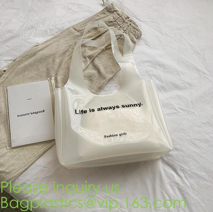 Transparent PVC Blanket Bag/Plastic Shopping Bag/Packaging Bag With Black Woven Trim And Webbing Handle, bagease, packag