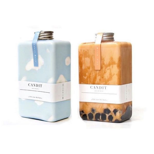 250ml 450ml 500ml PET Customized Transparent square decorative plastic juice coffee tea beverage bottle with cap
