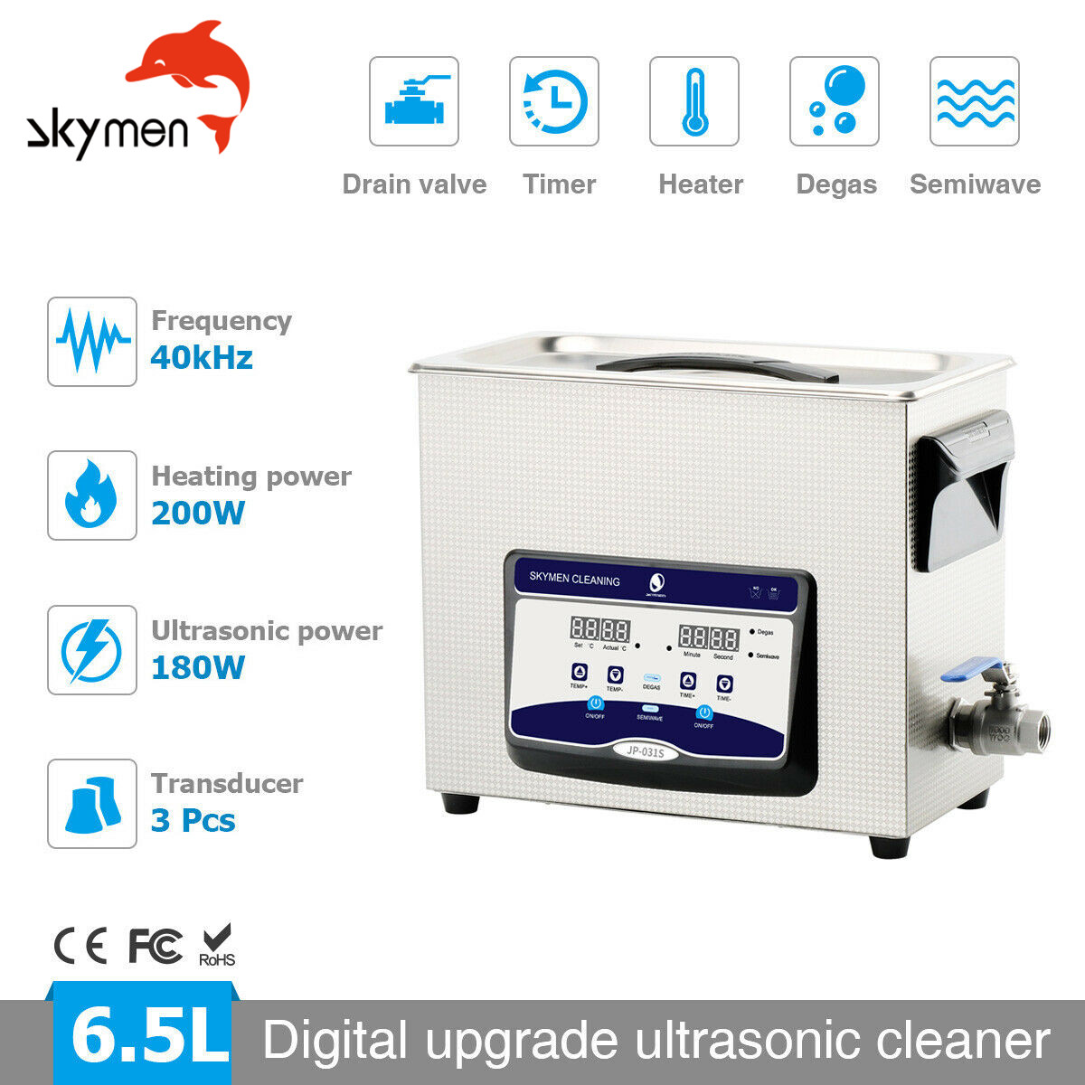 Skymen Ultrasonic Bath For Scuba Equipment With 200W Heater 1.72 Gallon