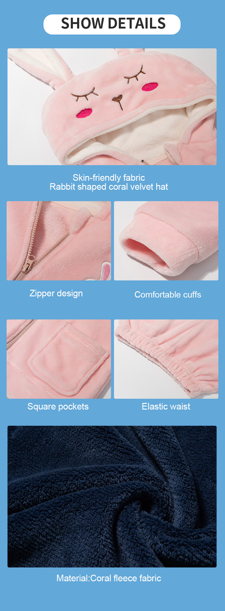 Children's Sleepwear Sets with Warm Coral Fleece Fabric and Cute Rabbit 3D Hat