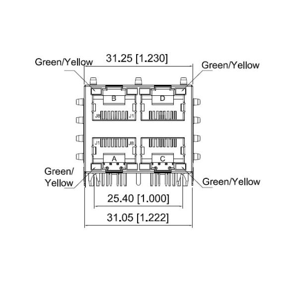 Through Hole Rj45 Shielded Connector , Ethernet Rj45 Jack 2x2 Ports Side Entry