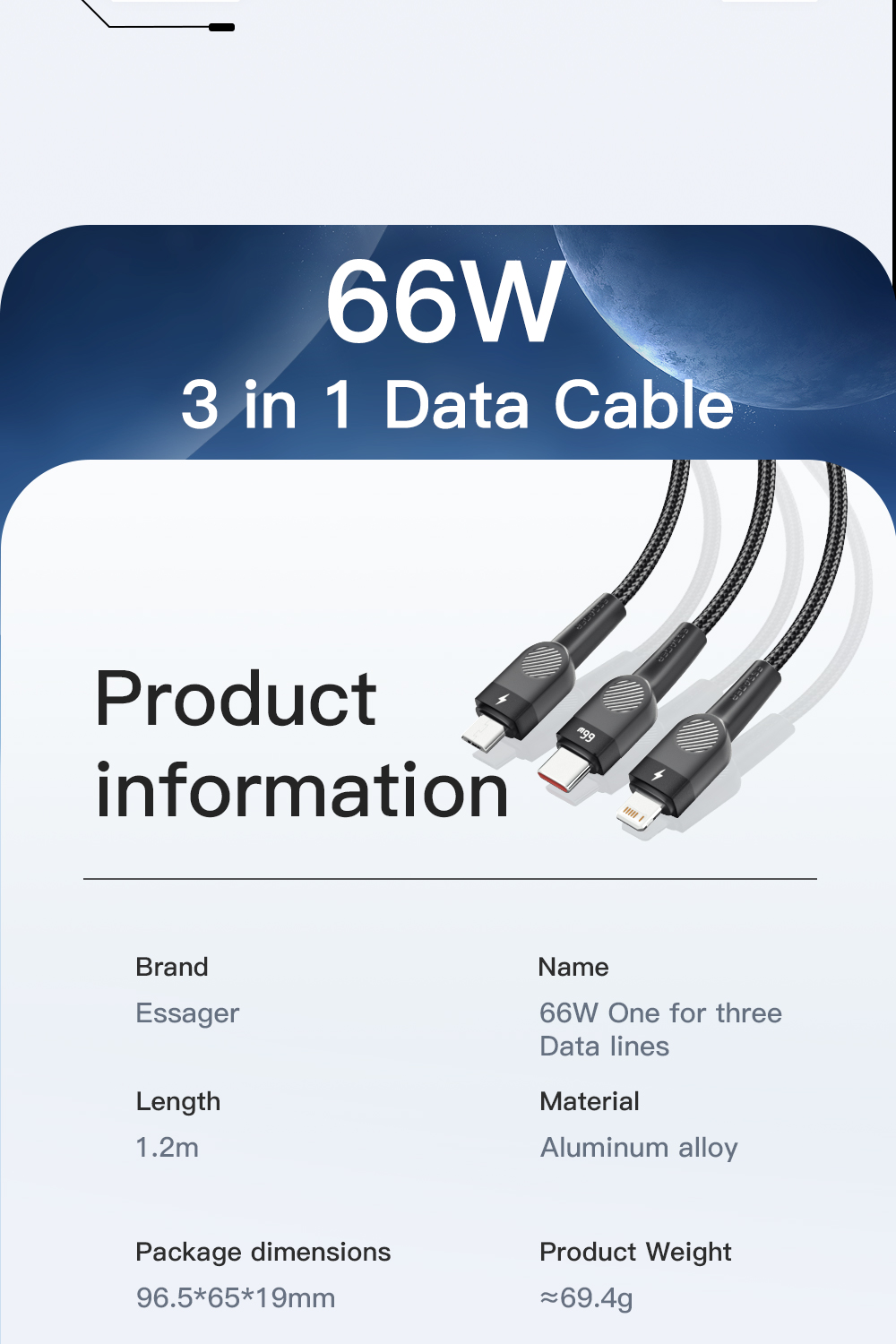 Swift Micro Type C Multi Port 3 In 1 Usb Fast Charging Cable Nylon Braided