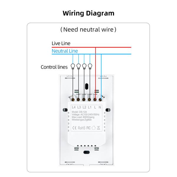 600W Zigbee Wall Switch No Neutral 60HZ 3 Gang Smart Light Switch