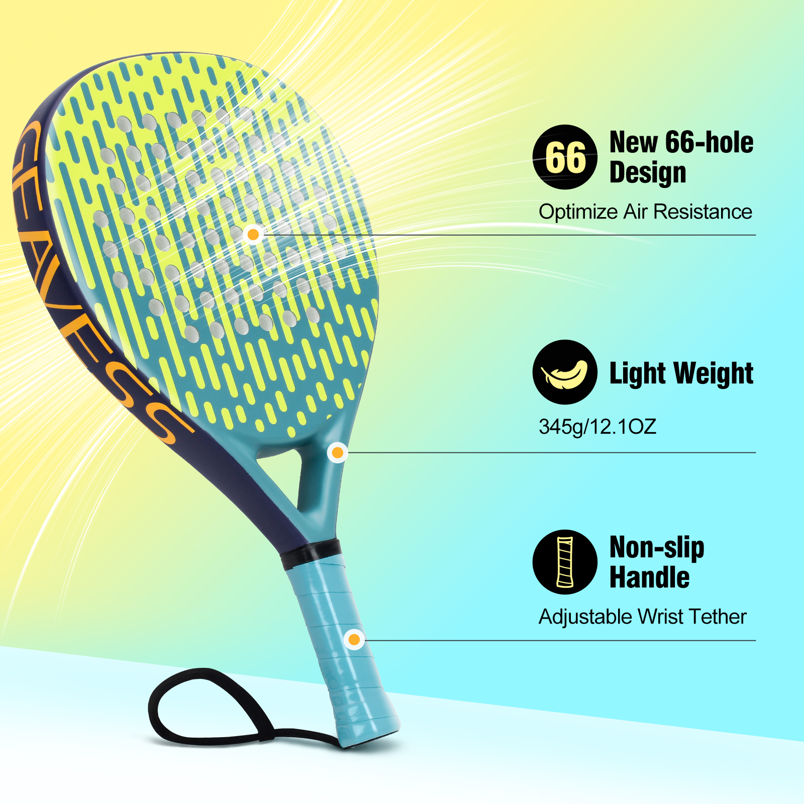 WOOWAVE Padel Racket Blue Carbon Fiber Beach Tennis Racquet with EVA Memory Core