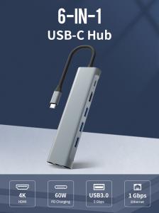 High Speed 4K HDMI 6 In 1 5Gbps Type C Docking Station 60W PD 1Gbps RJ45 Lan