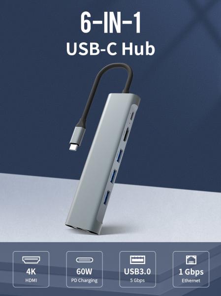 Quality High Speed 4K HDMI 6 In 1 5Gbps Type C Docking Station 60W PD 1Gbps RJ45 Lan for sale