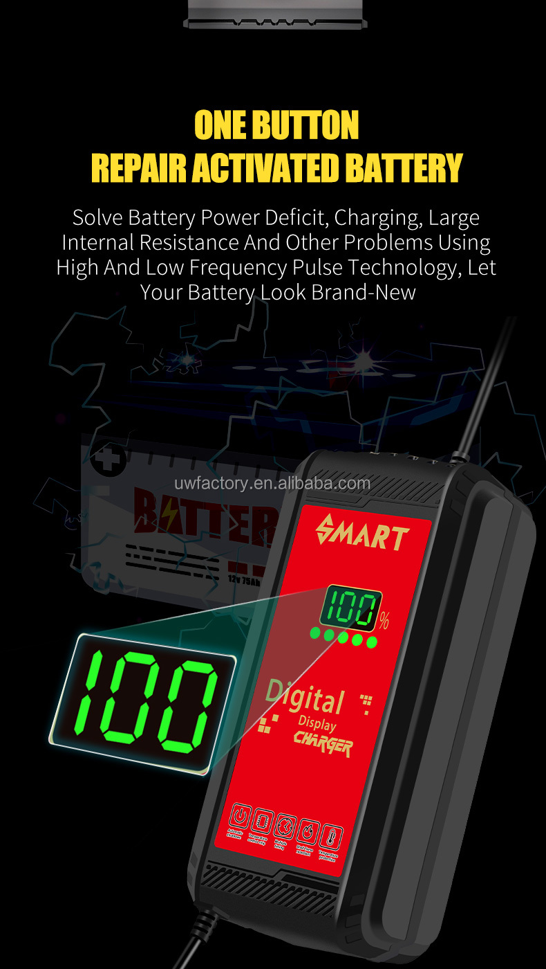 Lead Acid Battery Charger 90% Charging Efficiency 12V/1.25A Output Newest Pulse Repair with Automatic Function