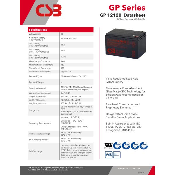 CSB Battery GP12120 12V 12Ah High Performance Rechargeable Maintenance-Free AGM Battery