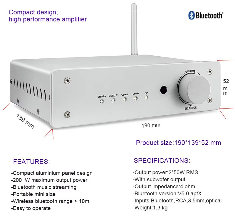 Integrated Home Audio Amplifier Bluetooth Audio Pro HiFi Stereo Audio Receiver Amplifier