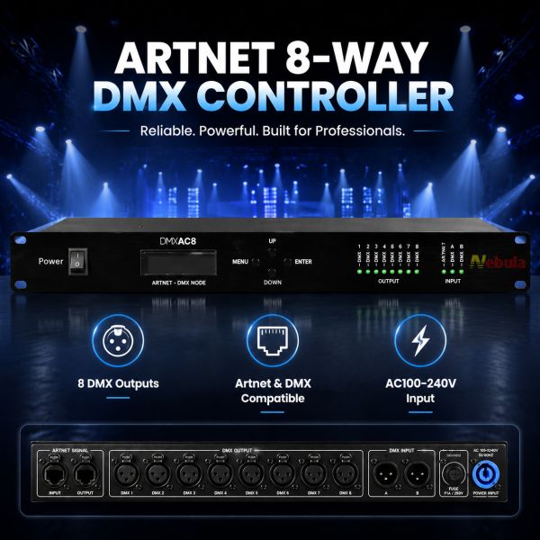 High Quality Artnet DMX512 Controller 8 Port Aluminum Node for LED Stage & Audio Lighting