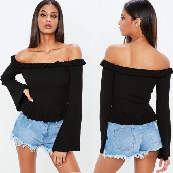 Quality Spring Black Frill Knit Woman Crop Top Clothing Tops for sale