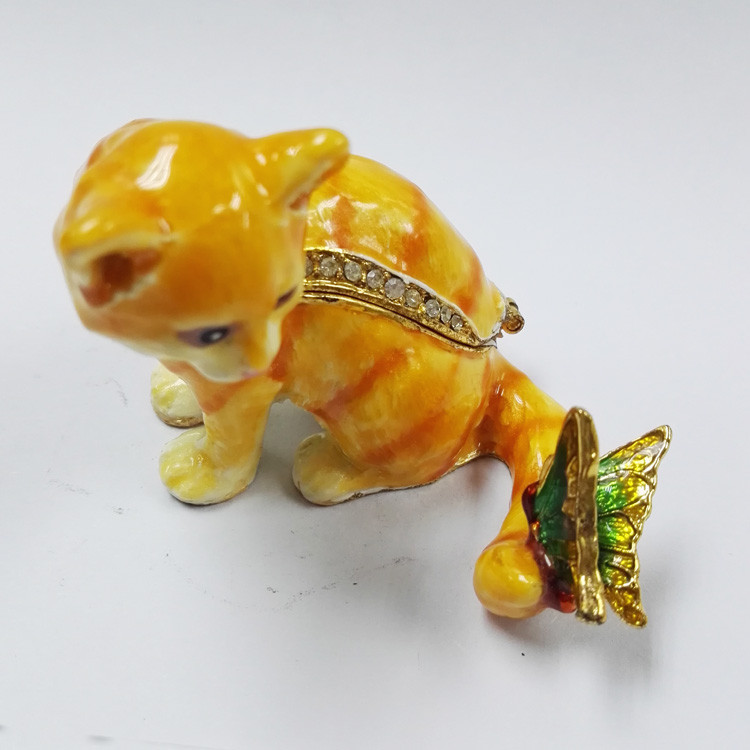 Cat shape trinket box with rhinestone for new jewelry boxes cat enamel cat trinket jewelry box