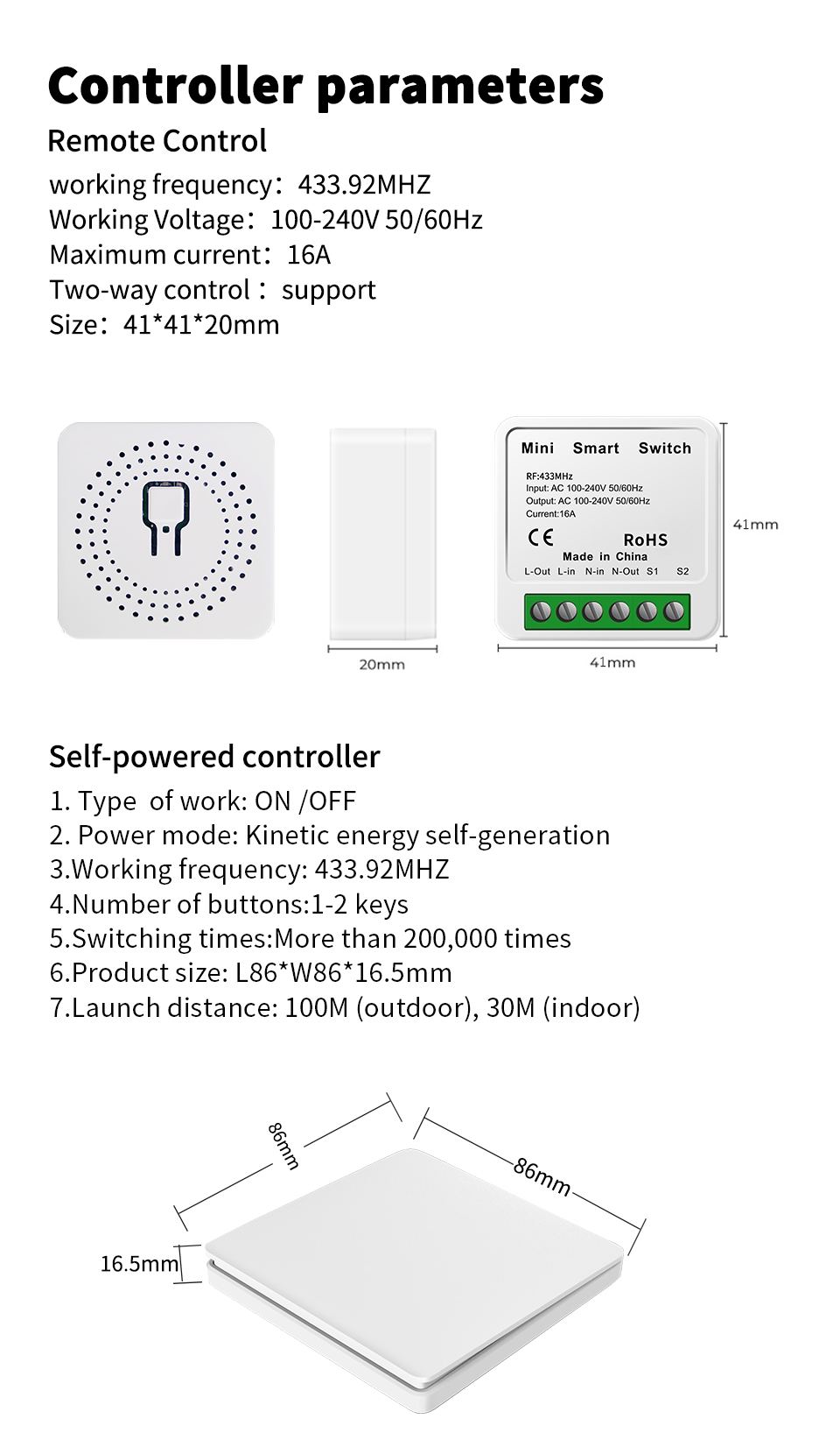 16A 433Mhz Wireless Kinetic Energy Switch 2 Way Push Button Waterproof Light Switch