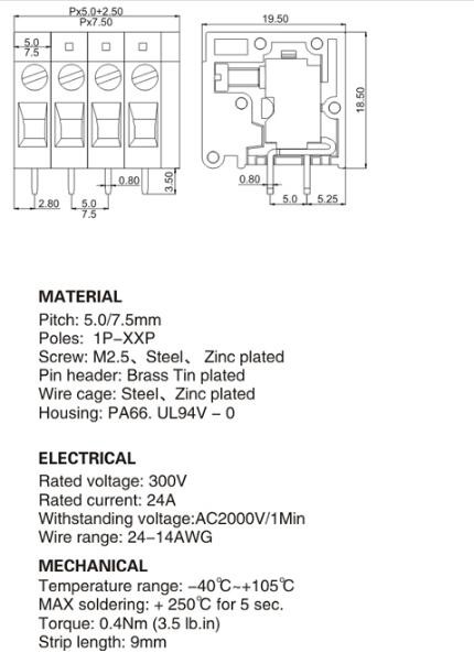Industrial Screw Type PCB Terminal Block WT105R Spacing 5.0 / 7.5 Mm