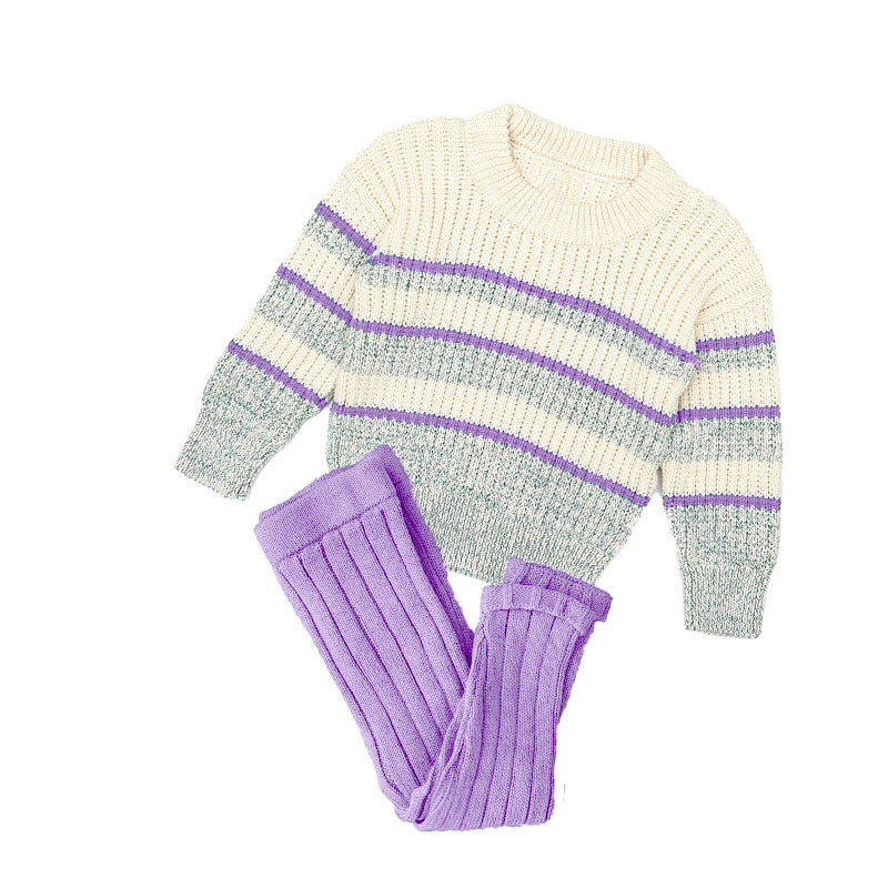 Winter Kids Cotton Hand Knitted Lounge Chunky Striped Sweaters Tight Leggings 2PCS