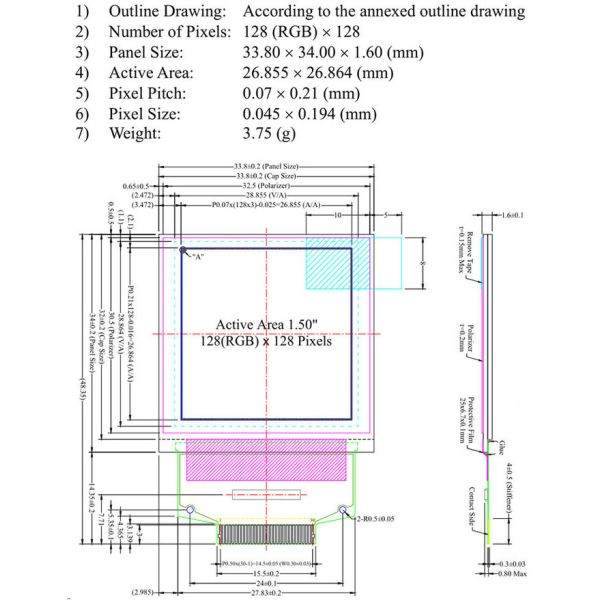 SSD1351 1.5 Inch Small Oled Screen , 30pin 128x128 OLED Display