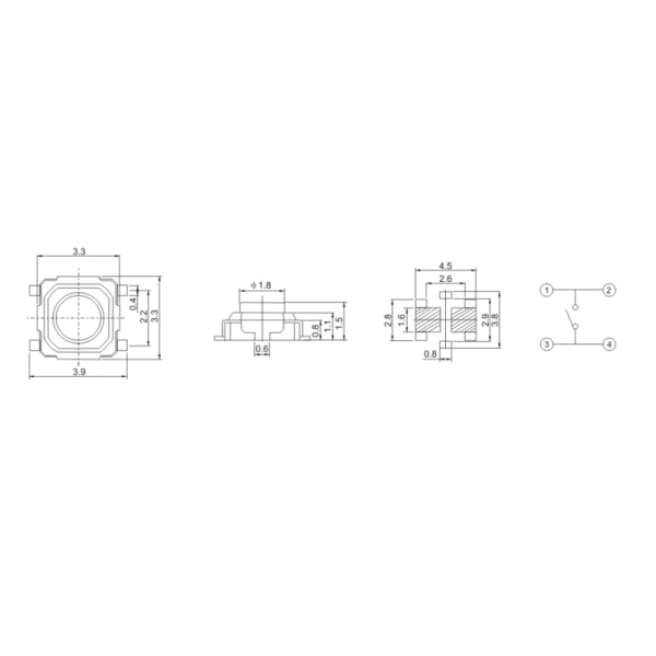 4 Foot 3.3x3.3 SMD Push Button Tactile Tact Switch