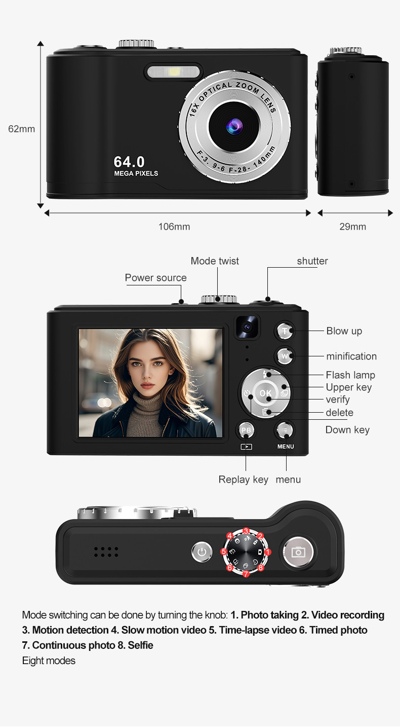 Autofocus Digital Camera 44MP FHD 4K 16X Digital Zoom Compact Point Shoot Camera with 64GB SD Card Expandable to 128GB