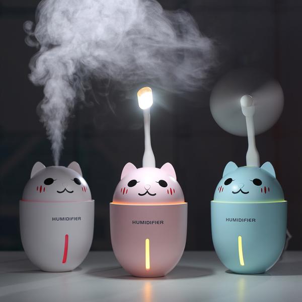 Quality 3 in 1 320ML USB Air Humidifier Ultrasonic Cool-Mist Adorable Pet Mini Humidifier With LED Light Mini USB Fan for sale