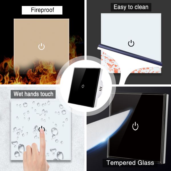 UBARO 1gang Tempered Glass Touch Light Switch Panel with 100-240VAC Input and Single Live Wire Control