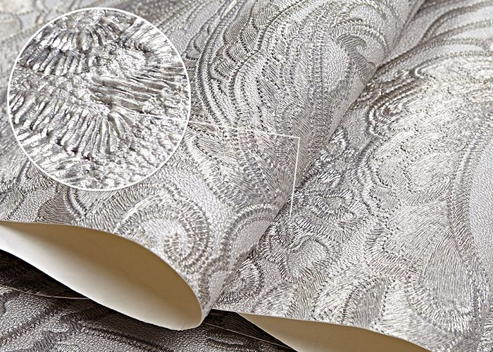 Eco - Friendly Silver Vinyl Removable Wallpaper With Floral And Leaf Pattern , 0.53*10M