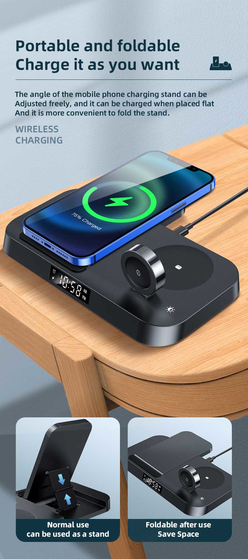 Plastic Qi Desktop Wireless Charger Alarm Clock 15W Foldable 6mm