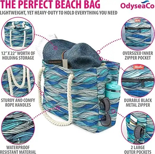 Extra Large Zipper Washable Beach Tote Two Compartment Waterproof With Front Pocket