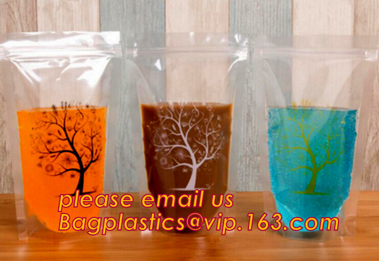 biodegradable eco-friendly FDA clear juice sealed drink pouches translucent reclosable hand held zipper plastic drinking