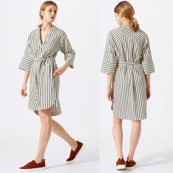 Quality New Design Relaxed Fit Deep V-neckline Stripe Linen Dress for Woman for sale